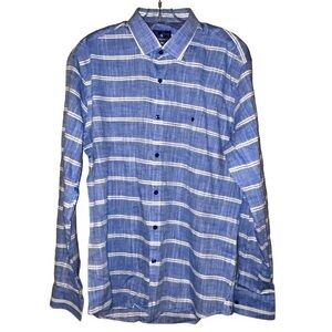 Bagotti Men’s Slim Fit Striped Button Up‎ Dress Shirt Cotton Blue White Size XL